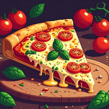 Cartoon pizza slice with cheese, tomato, basil on wooden board, surrounded by ripe cherry tomatoes