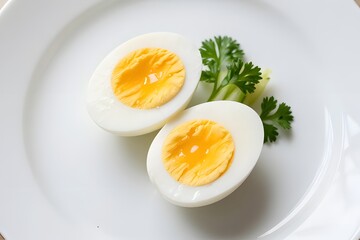 Boiled egg halves on white plate with parsley garnish top view