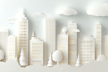 ペーパークラフト調 雲に包まれたホワイト都市風景イメージ