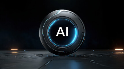 AI futuristic orb with glowing blue ring and sleek metallic surface on dark tech platform conveying innovation and high tech intelligence