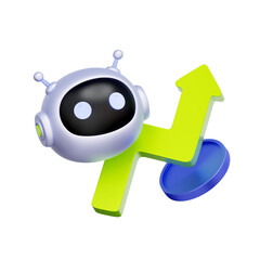 3D icon of an AI robot head with a rising graph arrow and coin For AI financial growth, automated investment, crypto trading bot, and market prediction.