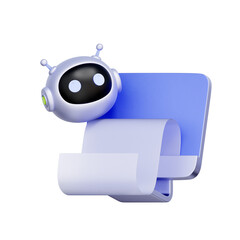 3D icon of an AI robot head with a paper scroll receipt For AI data processing, automated reporting, billing summary, and transaction log.
