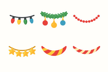 Festive decorations flat icon set. featuring lights, garland, beads, stars, and banners