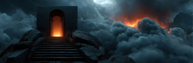 Fototapeta premium Ancient stone gate arch stone stair glowing doorway cloudscape fiery sky mountain rocks
