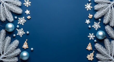 Elegant winter holiday background with frosted fir branches, blue baubles, and white snowflakes on a classic blue backdrop, perfect for festive greetings or promotions