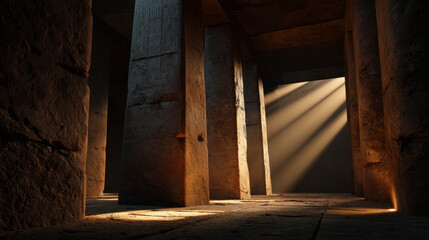Ancient temple interior stone column shaft of light carved pillar dusty atmosphere warm sunlight