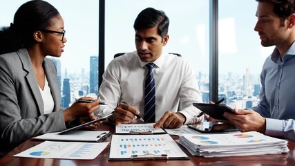 Three diverse colleagues examine financial data in a modern office, analyzing reports and charts - Powered by Adobe