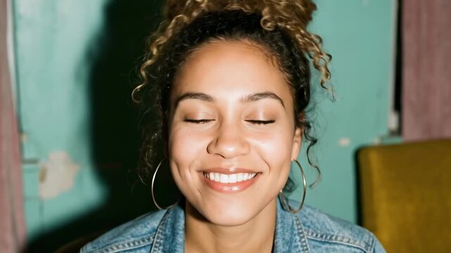 bun with curls - A smiling woman with curly hair, wearing a denim jacket and large hoop earrings, poses in a room with a vintage green wall, exuding warmth and confidence