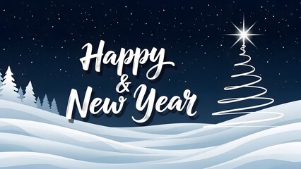 Happy new year greeting card design with stylized christmas tree and snowy landscape under a starry night sky