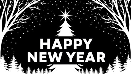 Happy new year greeting card design with winter forest silhouette and starry night sky