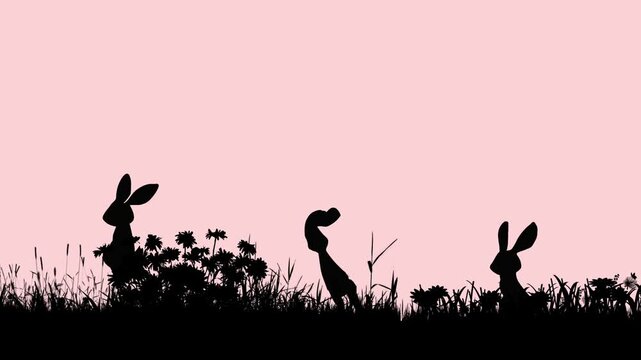 Loopable horizontal animation of three rabbit silhouettes hopping across a garden scene on a soft pink background, creating a playful Easter atmosphere with smooth cartoon motion concept.
