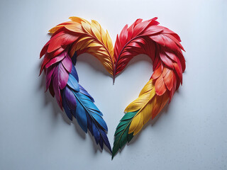 Heart shape made of rainbow-colored feathers on neutral gray background,Rainbow feathers form a heart&mdash;a symbol of tender strength and love.