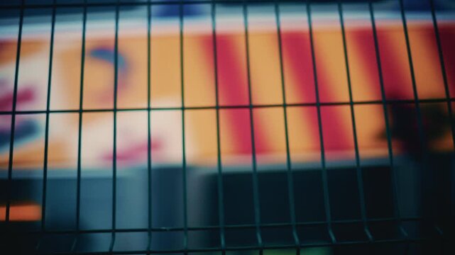 A train passing behind a metal fence, with colorful motion and shallow focus