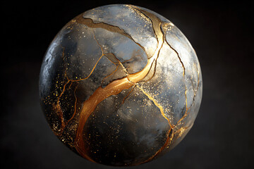 Abstract cracked planet floating in darkness, its fractures filled with shimmering, liquid gold, representing mending.