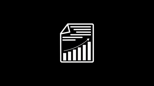 White Icon of a Document with Upward Trend Bar Chart and Arrow on Black Background paper report