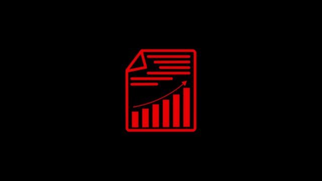 Red Icon of a Document with Upward Trend Bar Chart and Arrow on Black Background paper report