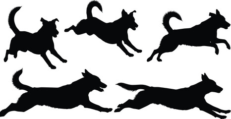 Naklejka premium Dog silhouette, running and leaping pose, black vector art, canine motion, energetic posture, animal agility, pet activity, dynamic movement, outdoor design