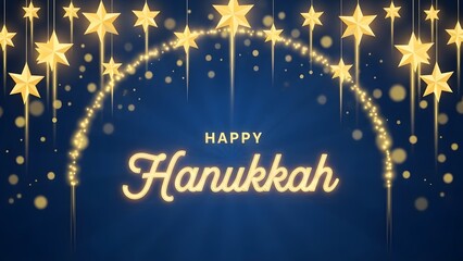 Happy hanukkah greeting with glowing golden stars and bokeh lights on a deep blue background, festive holiday celebration design