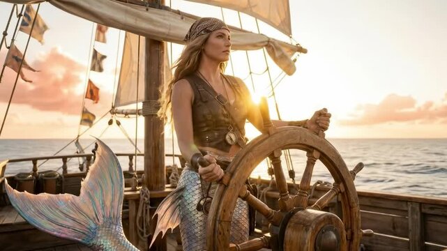 pirate mermaid - A woman with a mermaid tail stands confidently at the helm of a sailing ship, steering towards a vibrant sunset at sea, embodying adventure and freedom