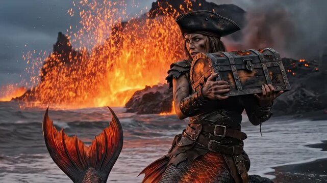 pirate mermaid - A fierce mermaid dressed as a pirate sits on a rocky beach, clutching a treasure chest, lava erupts in the background, creating a dramatic and fiery scene