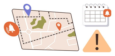 Map with location pins, alert icons, calendar, and exclamation mark communicating navigation, reminders, scheduling, event planning, location tracking, notifications and efficient time management