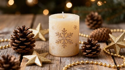 Christmas candle with snowflake design surrounded by pinecones, gold stars, and beads on wooden surface