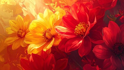 Fototapeta premium Blossoming floral arrangement with red and yellow flowers fading from bright light to deep reds, painterly style