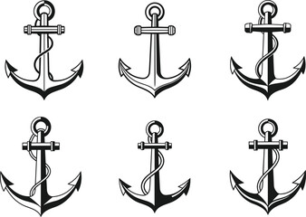Anchor illustrations set, nautical symbol graphics, marine anchor designs, rope-wrapped anchor artwork, maritime icon collection, sailor theme vector elements