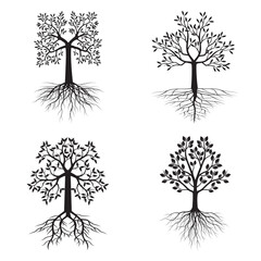 Black Tree with Leaves and Roots. Vector outline Illustration. Plant in Garden.