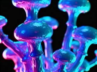 Glowing bioluminescent mushrooms with vibrant blue and purple hues against a dark background