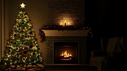 fireplace with Christmas decorations, Christmas tree