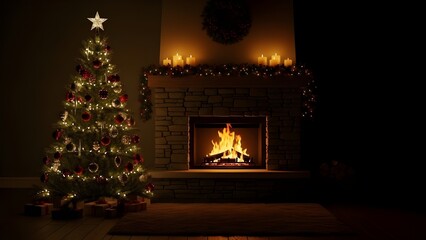 fireplace with Christmas tree and fireplace, Dark theme background