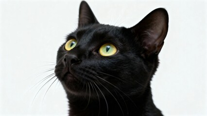 Close-up of a black cat with striking yellow eyes looking upward