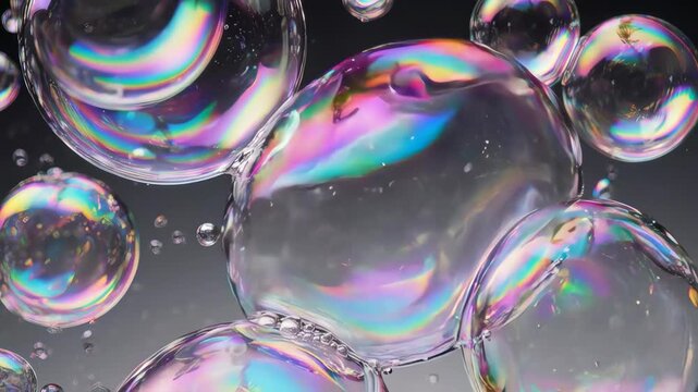 Close-up of iridescent soap bubbles reflecting light with various shapes and details