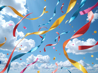 Colorful ribbons floating in the air, blue sky and clouds background, dynamic motion,The floating ribbons embody an unbound mind and spirit.