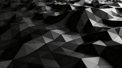 Abstract low-poly geometric surface with dark triangular facets and dramatic lighting