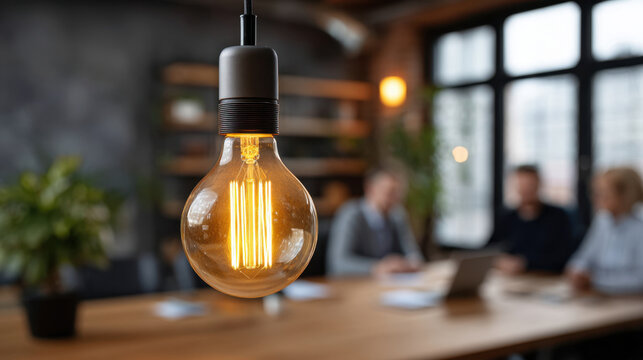 Glowing filament light bulb pendant in modern office meeting room with blurred team collaborating around table, warm creative atmosphere and industrial decor - Powered by Adobe