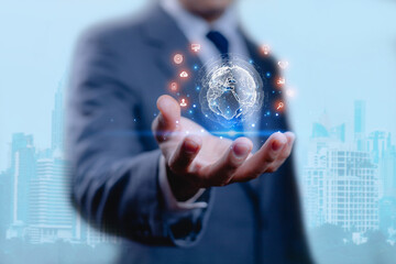 Businessman using artificial intelligence technology by touching virtual AI interface for innovation, data analysis, and digital transformation in modern business strategy.