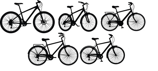 Bicycle silhouette collection featuring various bike types, cycling illustration set for transportation, outdoor sports, commuter themes, simple black vector design