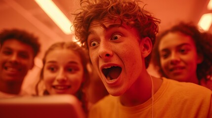 Teenagers are playing a quest. A group of teenagers of different genders looks at a tablet and emotionally screams with delight