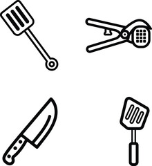 A versatile collection of essential outline kitchen utensil icons features a durable slotted cookin