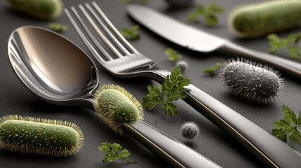Food poisoning concept ,Metallic cutlery with bacteria and herbs on dark surface, creating unsettling scene