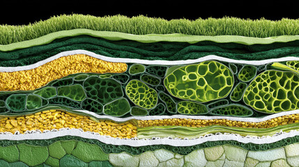 Chlorophyll process concept ,Cross section of plant tissue showing chlorophyll rich layers and cellular structure