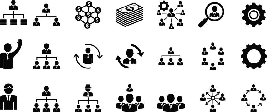 Business management and teamwork icons set, organizational structure, leadership, human resources, workflow collaboration, corporate team hierarchy illustration - Powered by Adobe