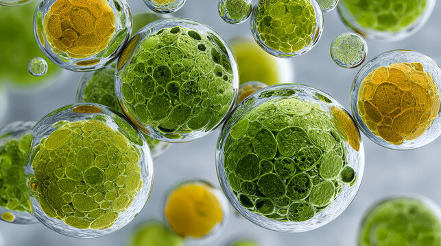 Floating green and yellow chlorophyll molecules resemble bubbles in nutrient rich environment, creating vibrant and dynamic scene