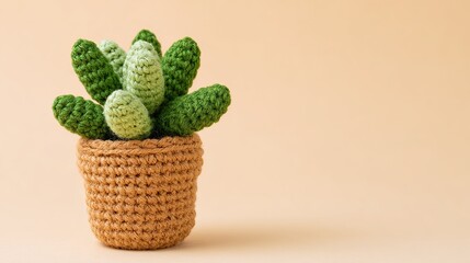 Charming crocheted succulent plant in a textured pot, offering a cozy and whimsical home decor accent.