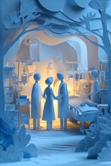 ペーパークラフト調 街中の病院と医療スタッフの風景