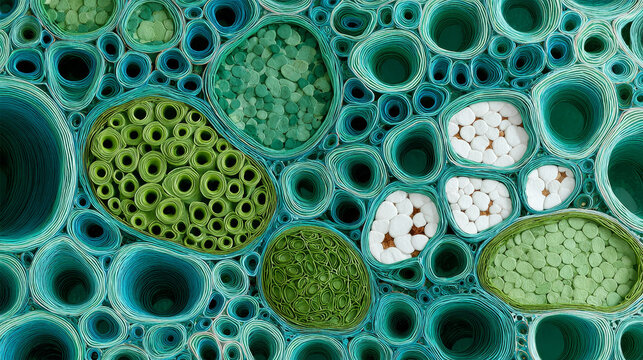 Chlorophyll process concept ,Close up of mesophyll layer showing chlorophyll rich cells in vibrant green and blue hues