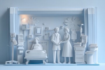 ペーパークラフト調 街中の病院と医療スタッフの風景