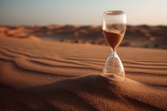 Hourglass in Desert Sand Dunes at Sunset - Concept of Time Passing, Enduring Nature, and Natural Resources - Powered by Adobe